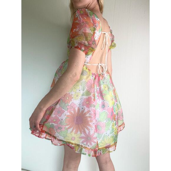 NISSA NEW YORK Sheer Floral Puff Sleeve Babydoll Dress US SMALL - Picture 5 of 14